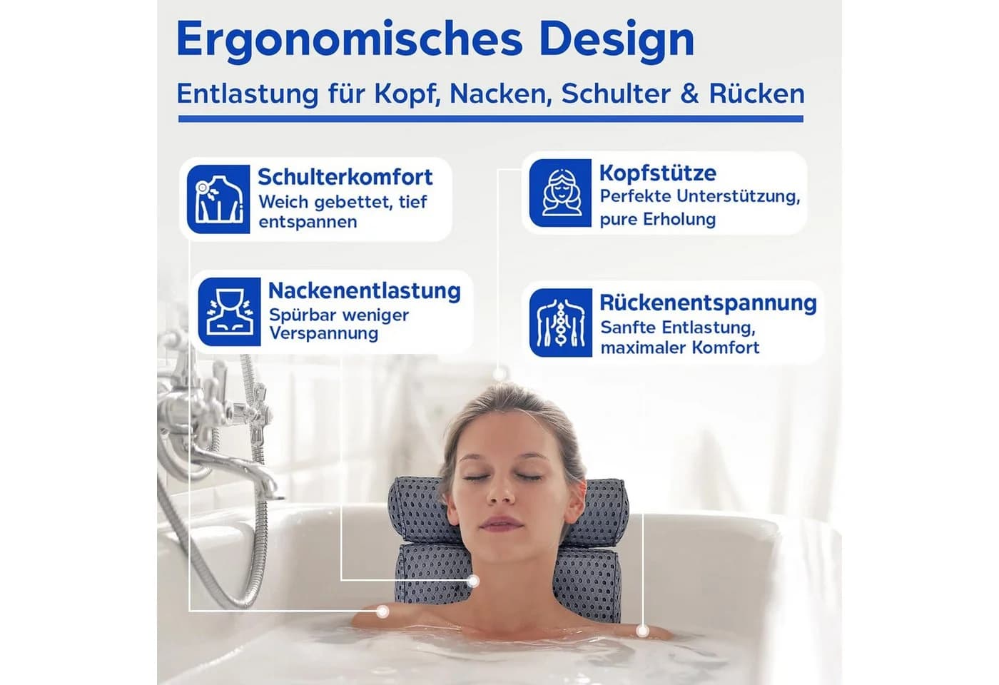 Refined Living Badewannenkissen Grau/Weiß mit 7 Saugnäpfen & 4D-Mesh