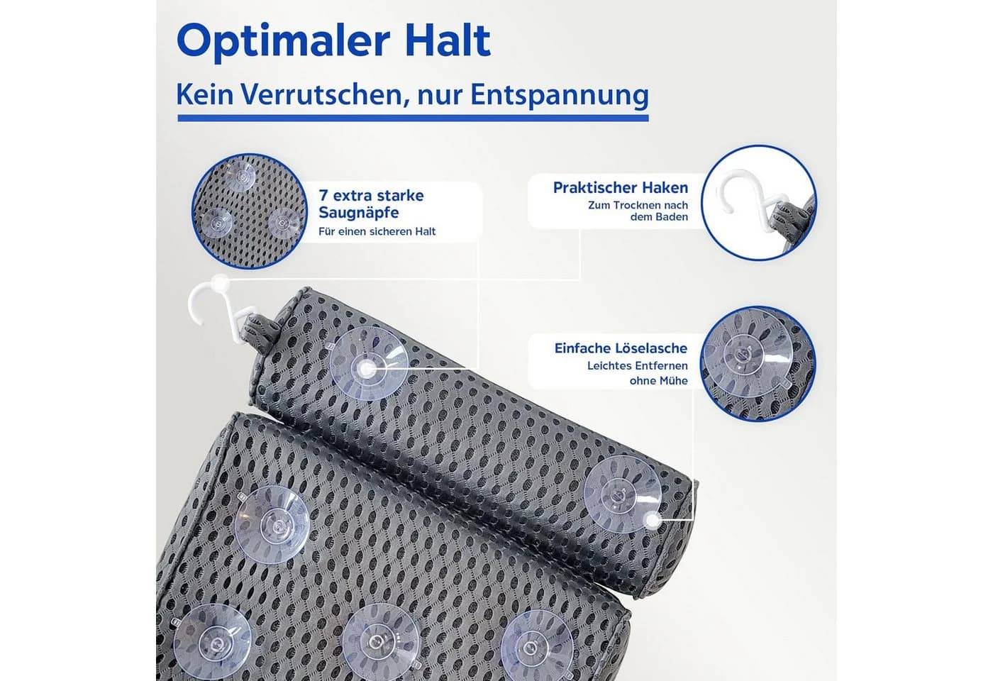 Refined Living Badewannenkissen Grau/Weiß mit 7 Saugnäpfen & 4D-Mesh - Bild 4