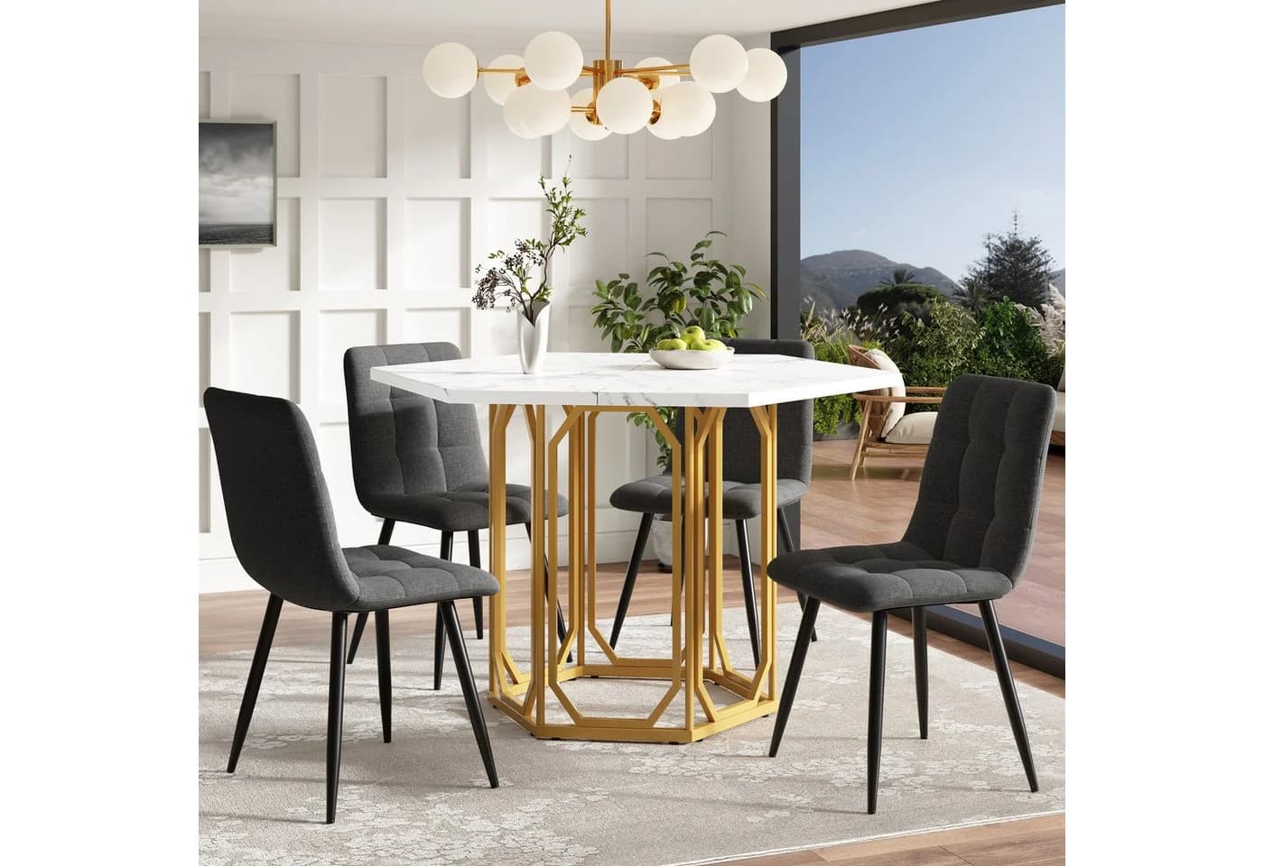 Refined Living Sechseckiger Esstisch Marmor-Optik Gold Metallbeine
