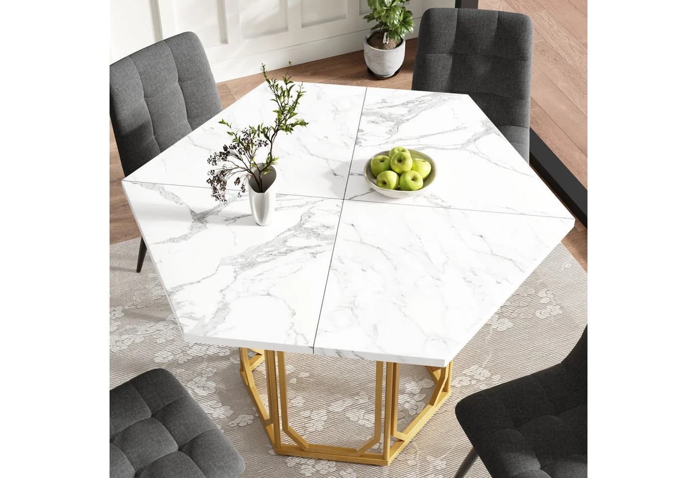 Refined Living Sechseckiger Esstisch Marmor-Optik Gold Metallbeine - Bild 3