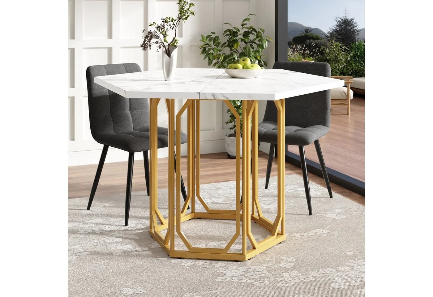 Refined Living Sechseckiger Esstisch Marmor-Optik Gold Metallbeine - Bild 4