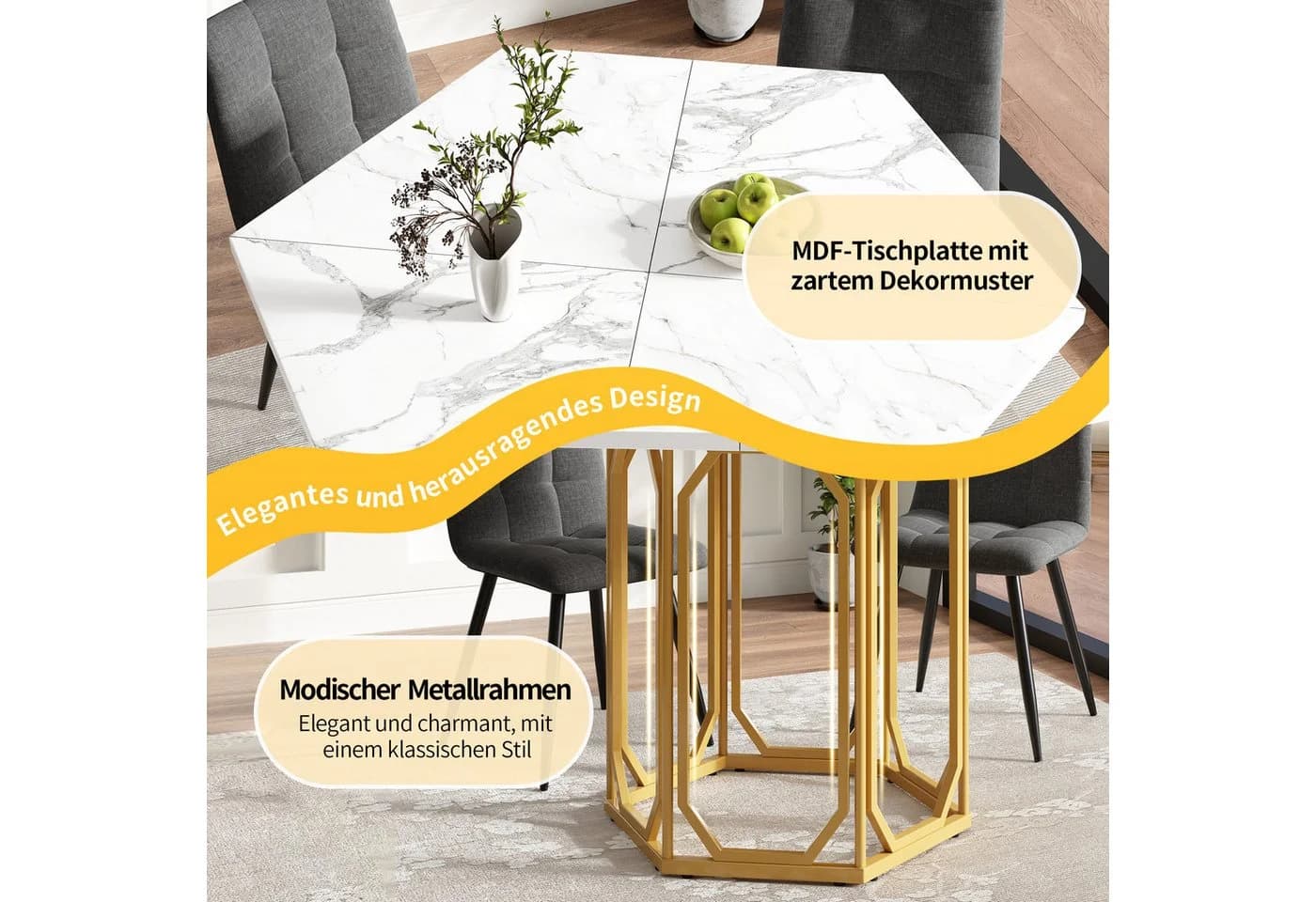 Refined Living Sechseckiger Esstisch Marmor-Optik Gold Metallbeine - Bild 5