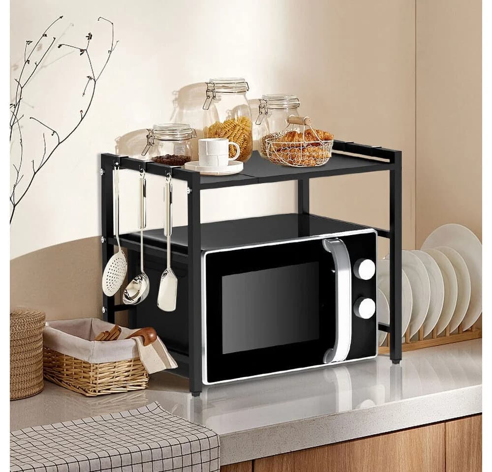 Refined Living Standregal Verstellbares Mikrowellenregal 40–60 cm, mit 6 Haken, Küchenregal Schwarz
