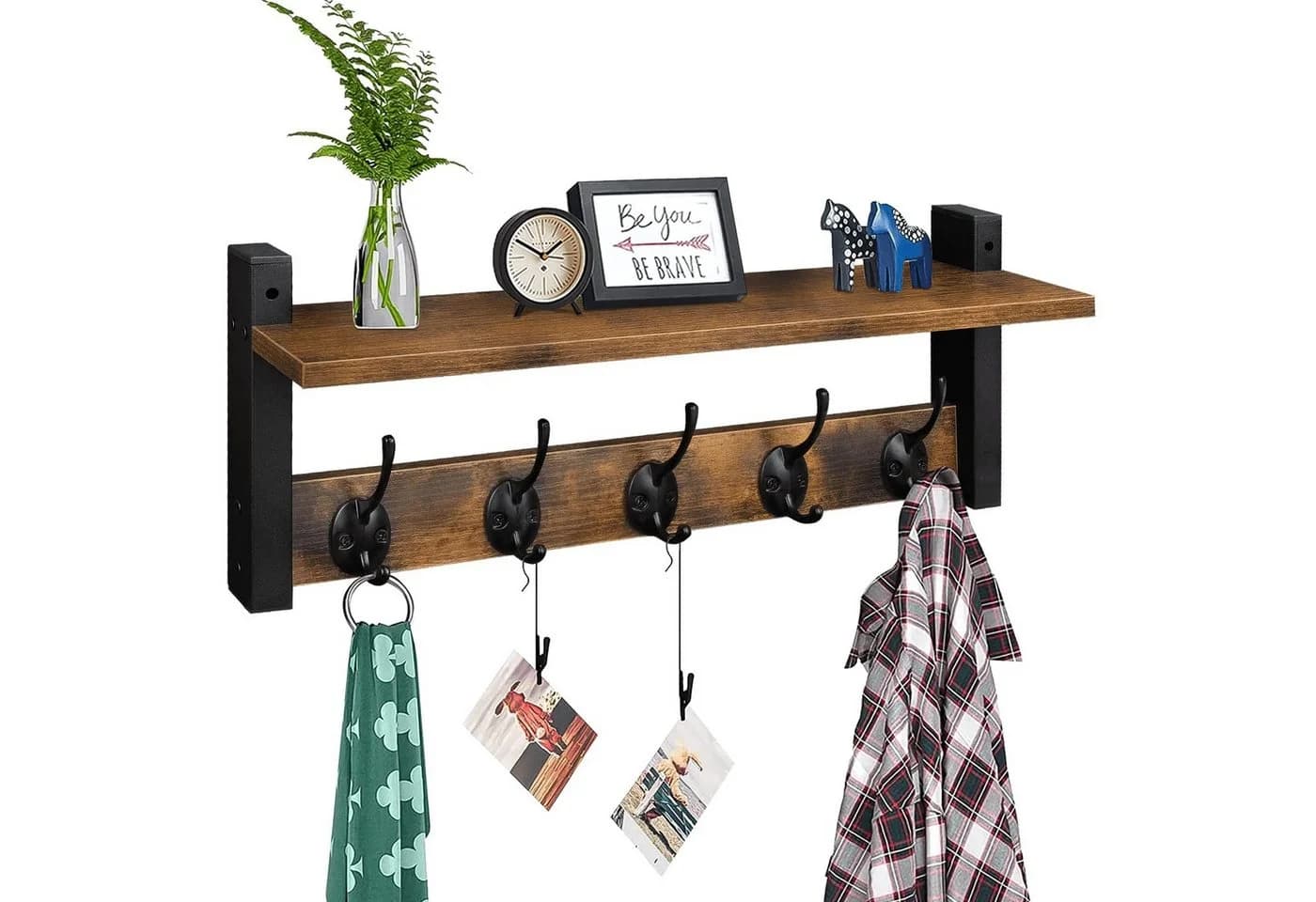 SURFOU Wandgarderobe Holz mit 5 Haken Braun/Schwarz - Bild 2