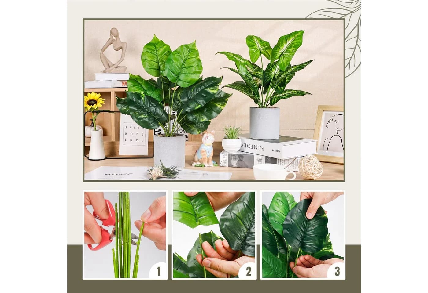 SURFOU 2er-Set Kunstpflanzen Syngonium & Philodendron 40 cm Grün - Bild 3