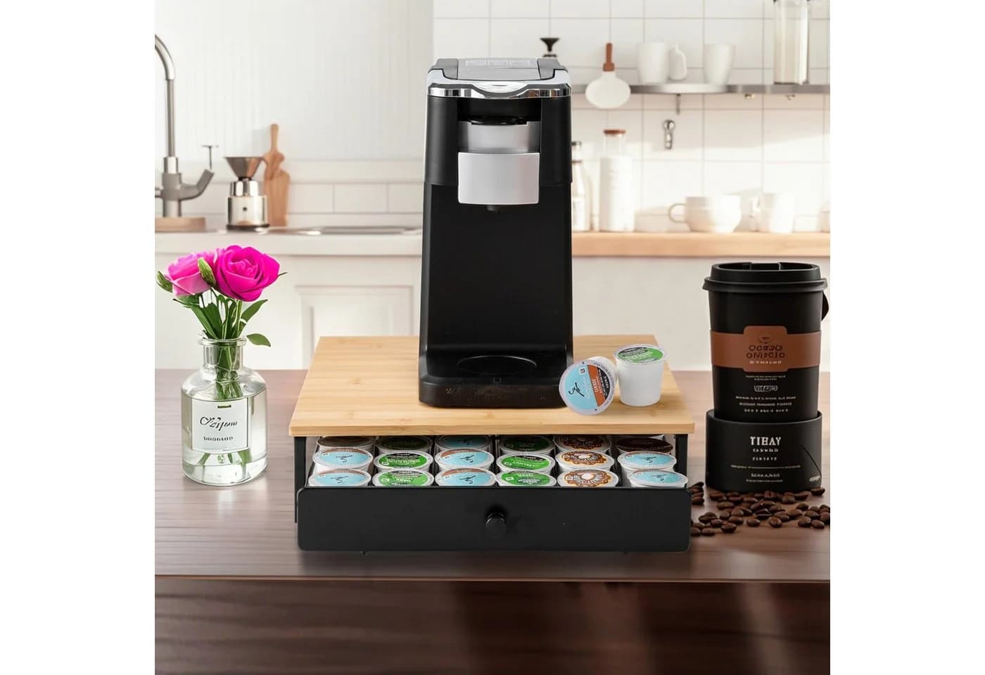 SURFOU Kaffeekapsel-Schublade Bambus & Eisen 36 Kapseln