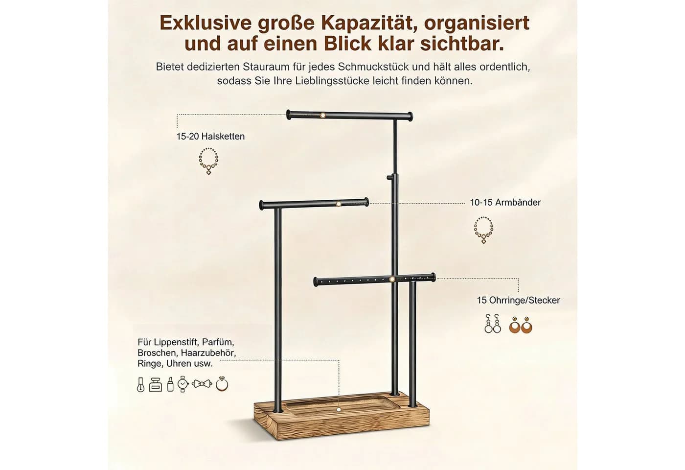 SURFOU Schmuckständer 3 Ebenen Metall Holz Verstellbar