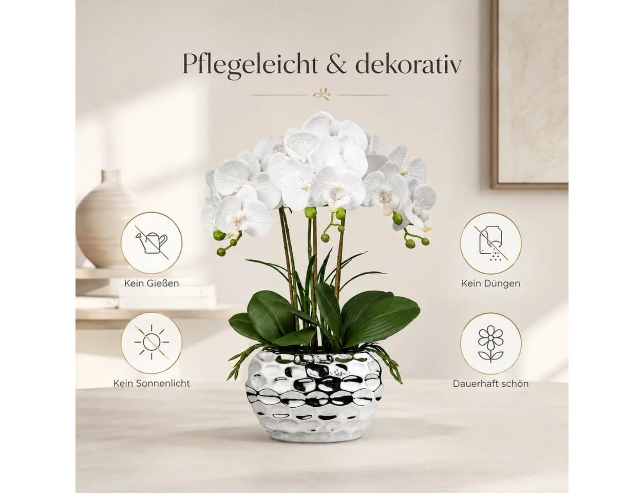 Refined Living Kunstorchidee 44cm Real Touch Weiß/Silber Keramiktopf