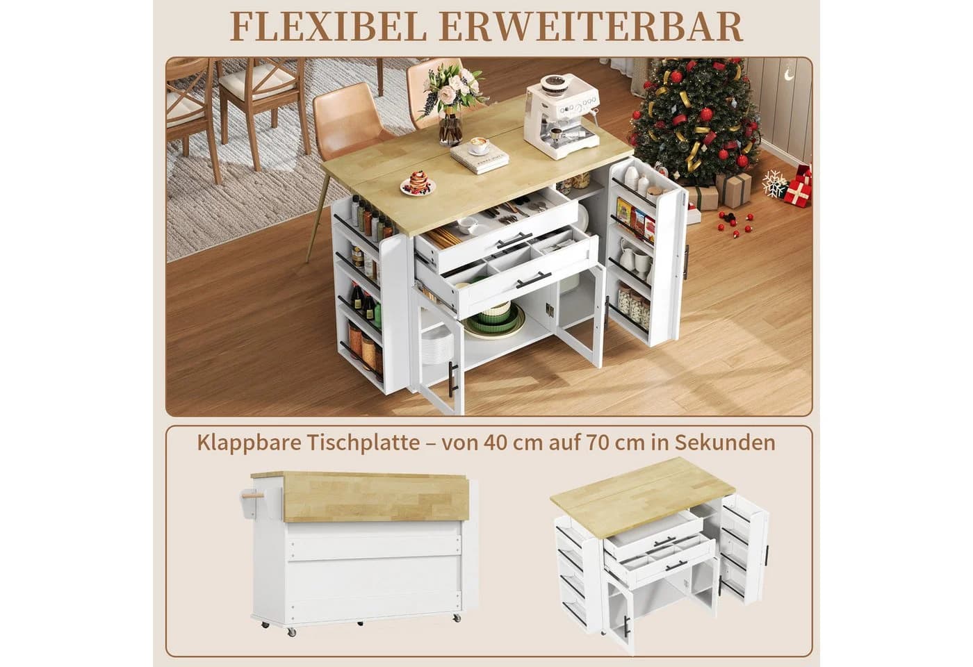 SeedWave Kücheninsel 120cm Weiß mit Klappbarer Tischplatte & Rollen - Bild 3