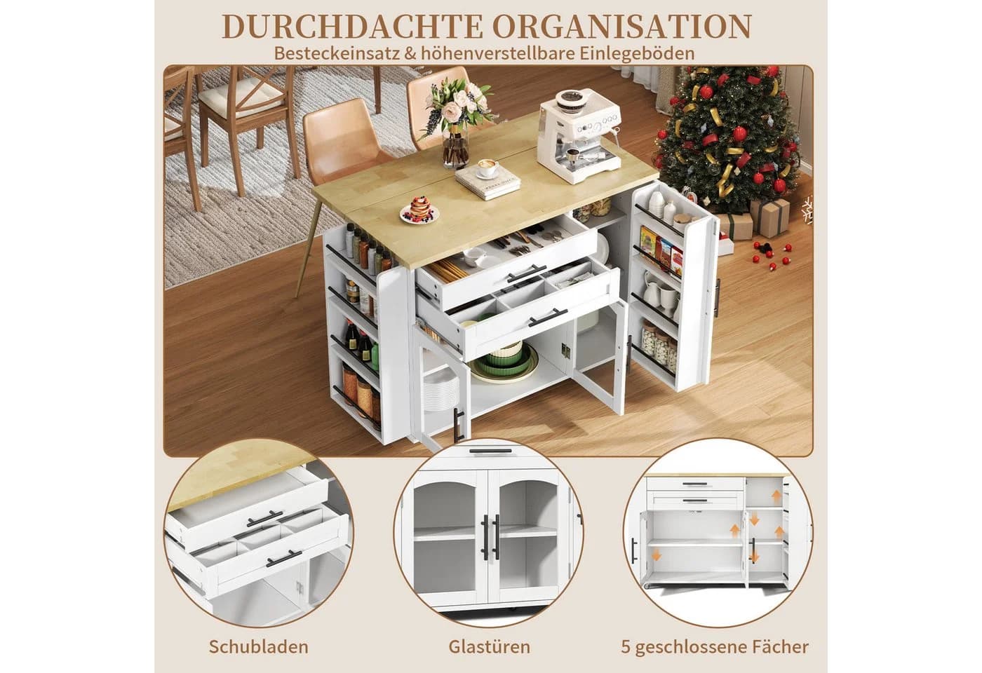 SeedWave Kücheninsel 120cm Weiß mit Klappbarer Tischplatte & Rollen - Bild 4