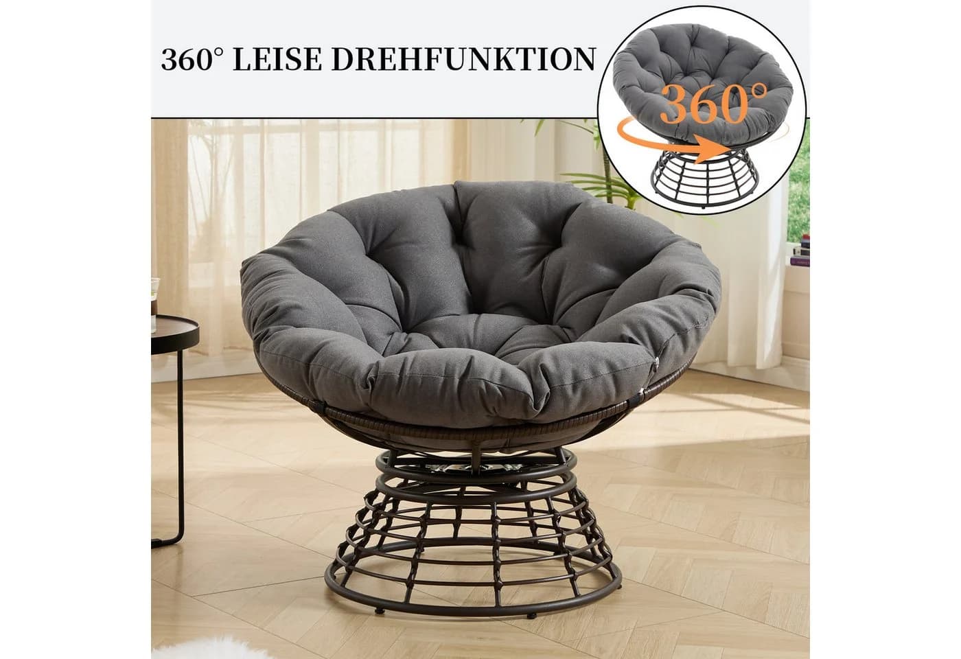 SeedWave Loungesessel Grau 360° Drehbar PE Rattan - Bild 3