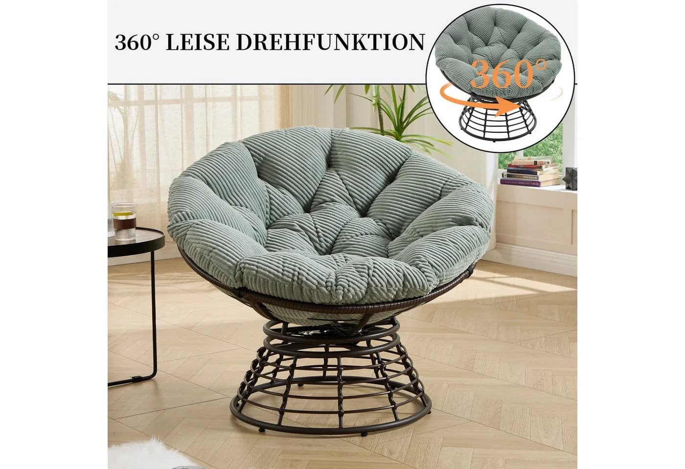SeedWave Loungesessel Grün 360° Drehbar Papasan-Sessel Stahlgestell - Bild 3