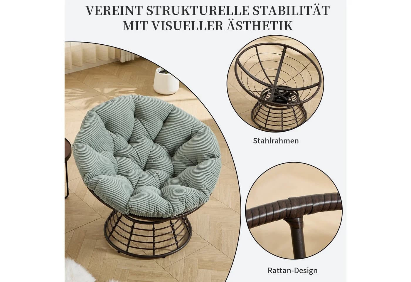 SeedWave Loungesessel Grün 360° Drehbar Papasan-Sessel Stahlgestell - Bild 5