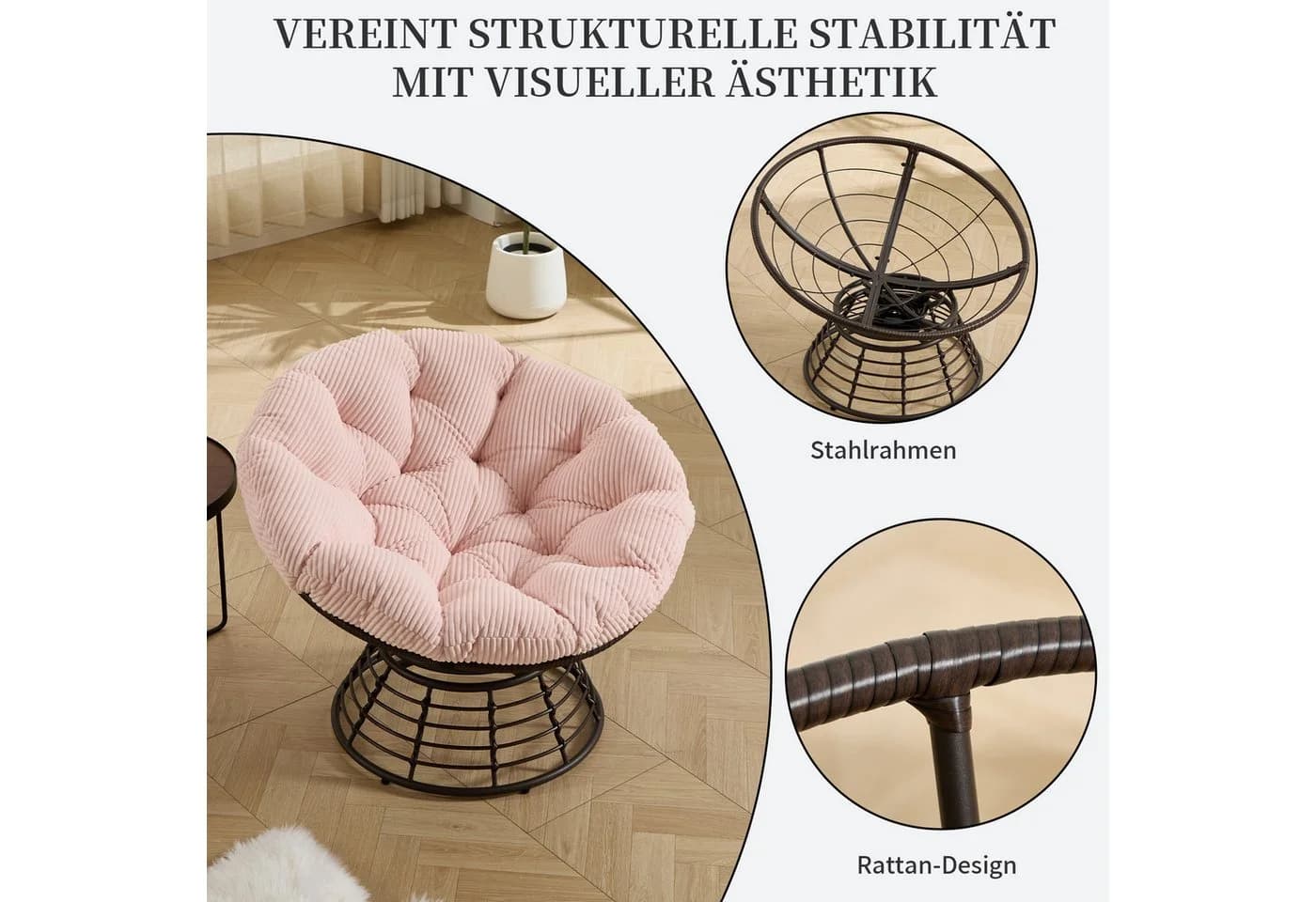 SeedWave Loungesessel Rosa 360° Drehbar Papasan-Sessel - Bild 5
