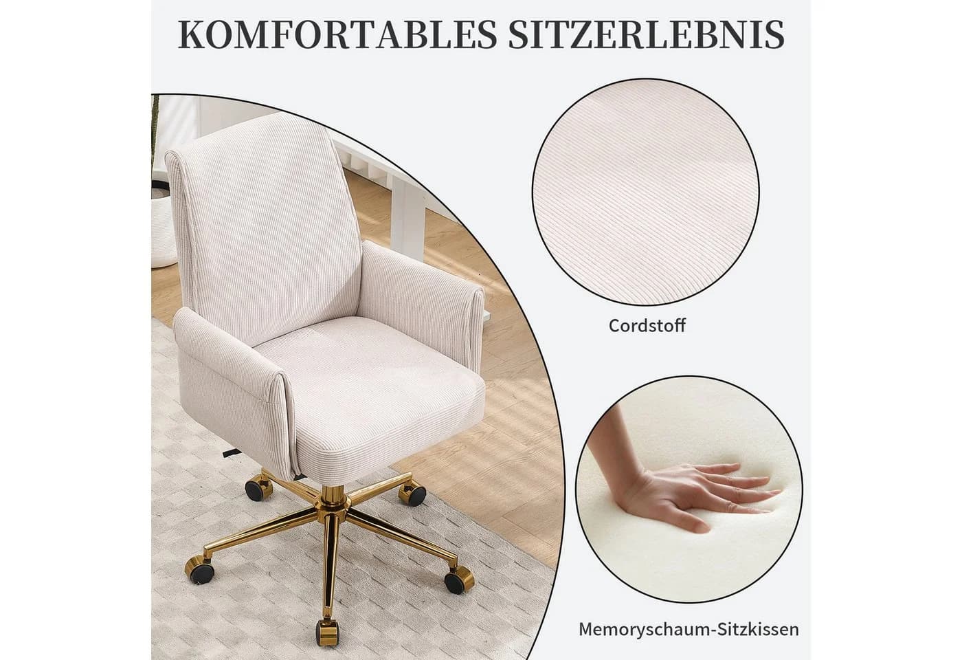 SeedWave Bürostuhl Ergonomisch Cord Drehstuhl mit Wippfunktion - Bild 3