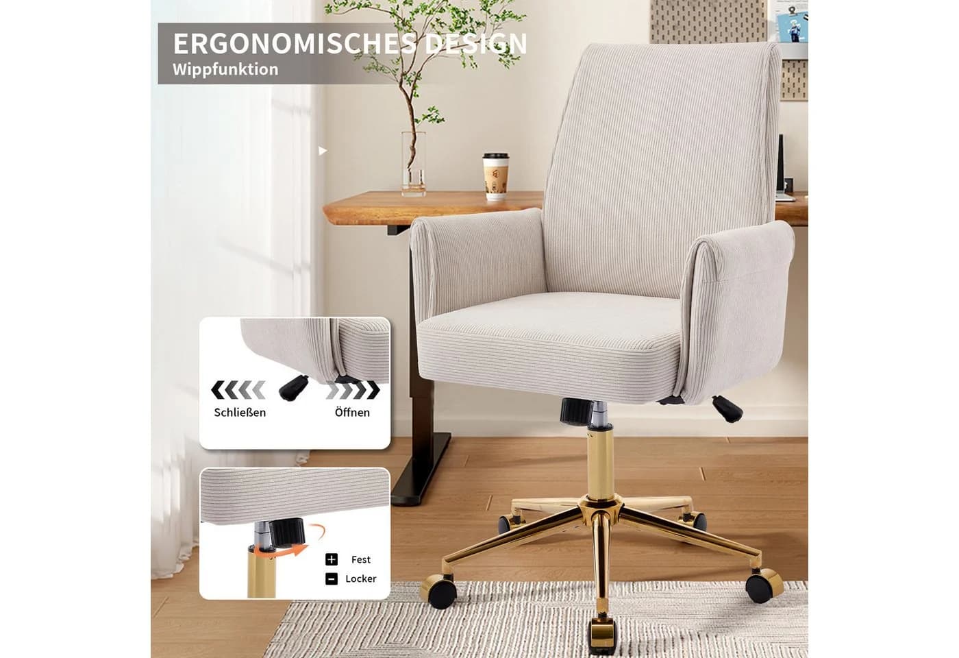 SeedWave Bürostuhl Ergonomisch Cord Drehstuhl mit Wippfunktion - Bild 4