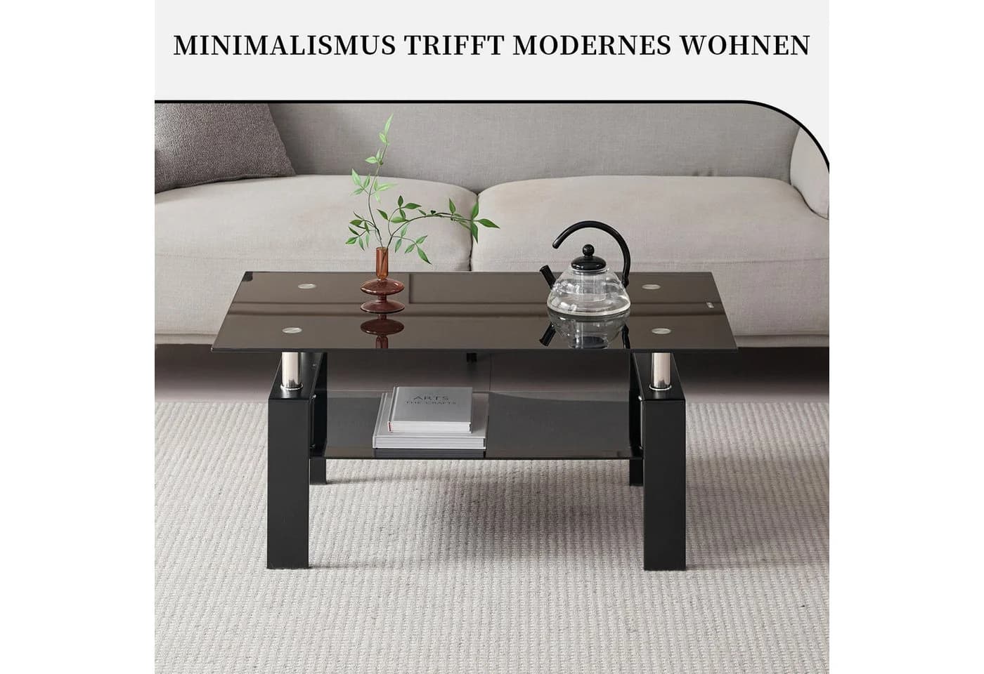 SeedWave Couchtisch Schwarz Glas Metall 2 Ebenen Modern