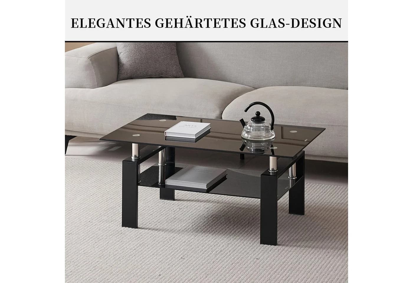 SeedWave Couchtisch Schwarz Glas Metall 2 Ebenen Modern - Bild 3