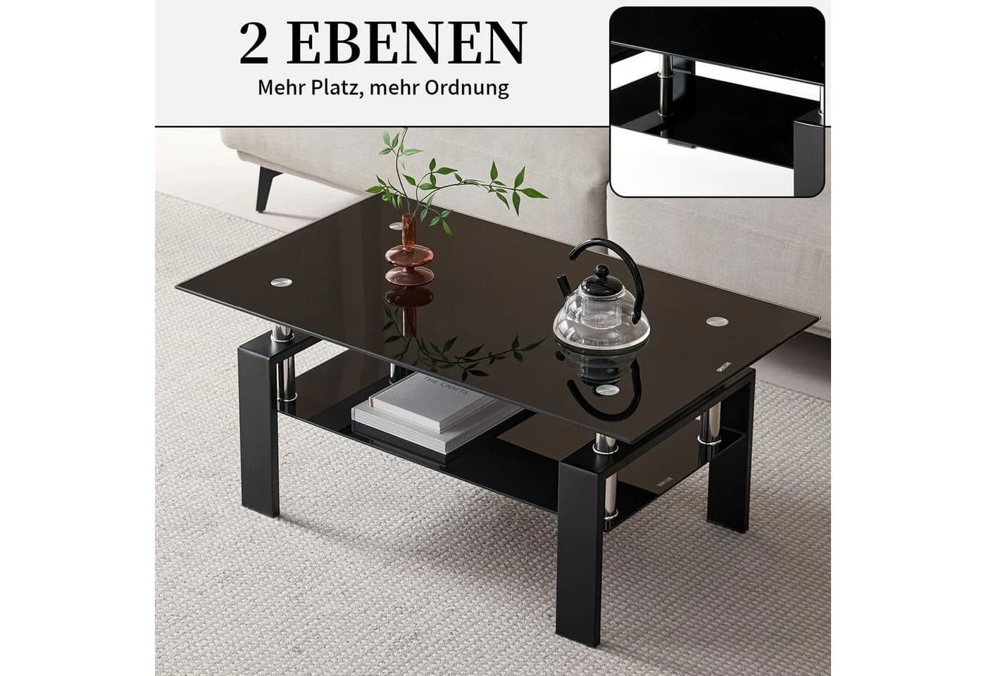 SeedWave Couchtisch Schwarz Glas Metall 2 Ebenen Modern - Bild 4