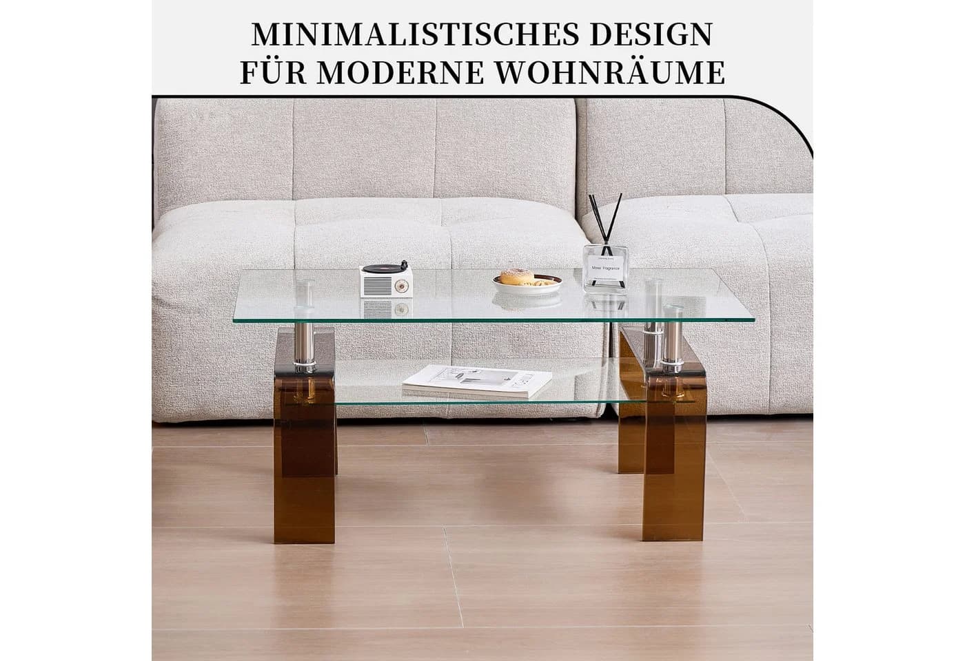 SeedWave Couchtisch Glas Rechteckig Minimalistisch mit Ablage