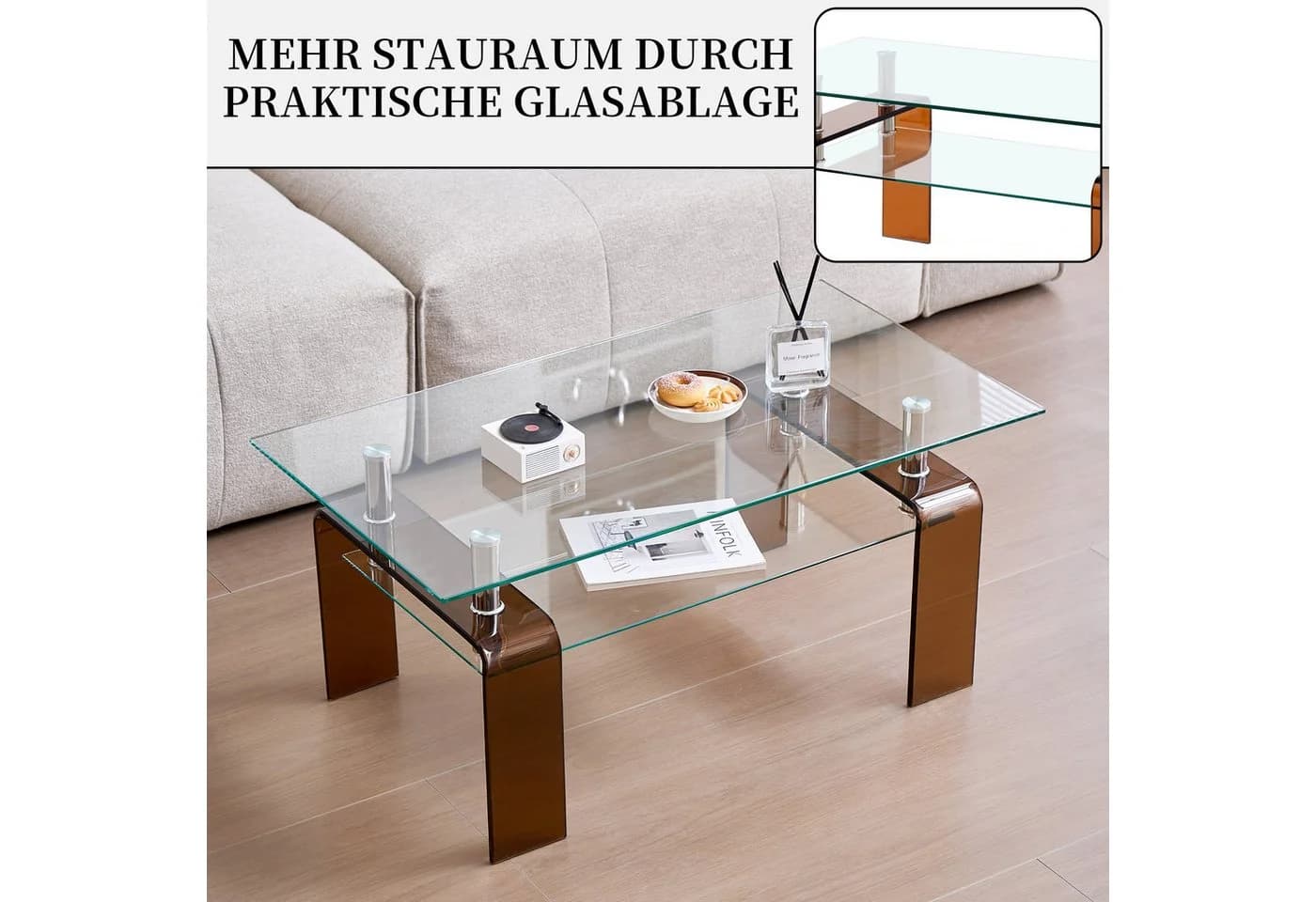 SeedWave Couchtisch Glas Rechteckig Minimalistisch mit Ablage - Bild 4