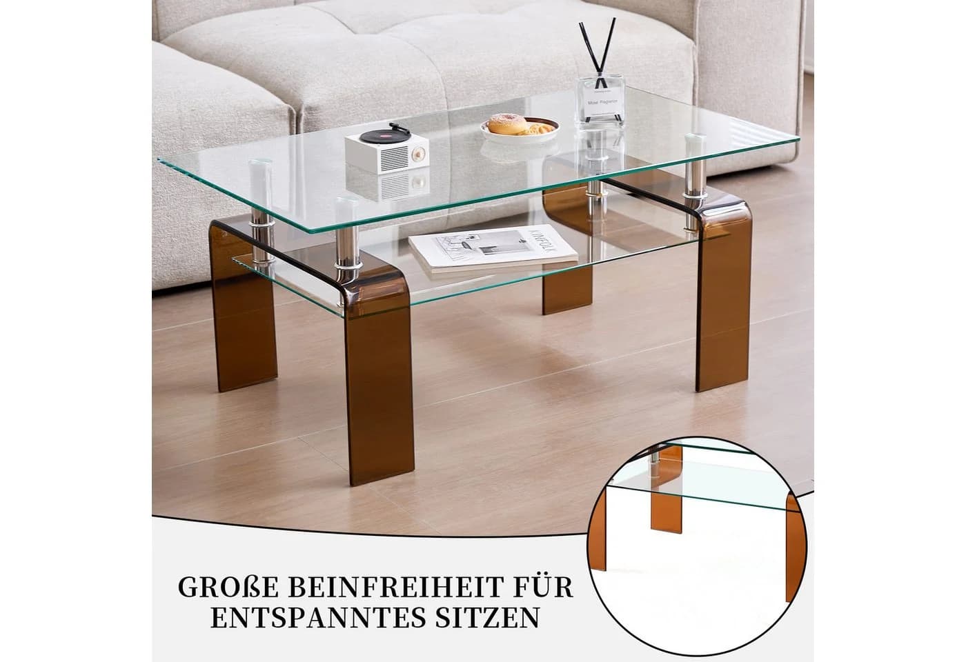 SeedWave Couchtisch Glas Rechteckig Minimalistisch mit Ablage - Bild 5