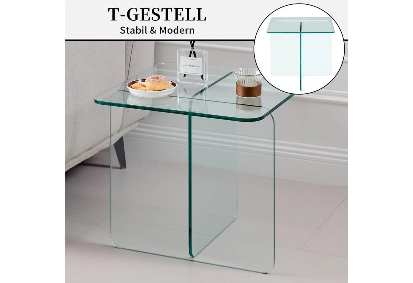 SeedWave Glastisch Beistelltisch T-Gestell Modern Transparent - Bild 3