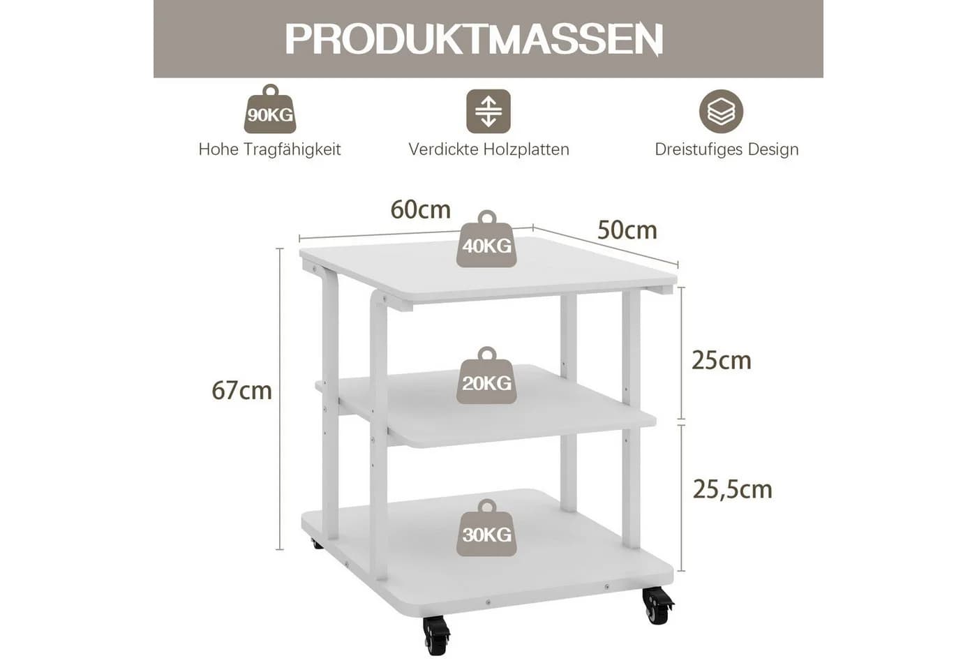 PUNCIA Druckertisch 3 Ebenen Weiß/Braun/Schwarz Rollen höhenverstellbar