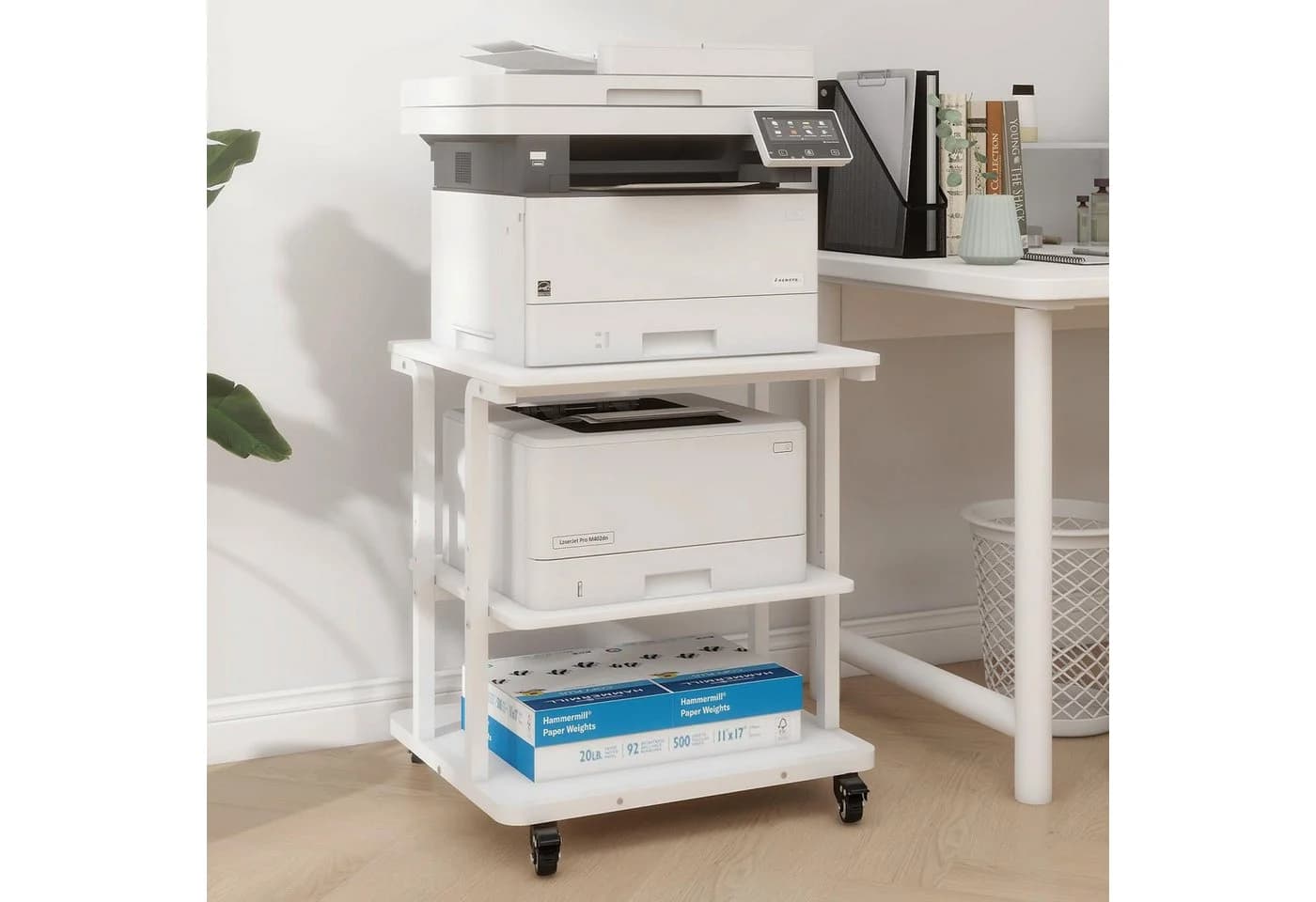 PUNCIA Druckertisch 3 Ebenen Weiß/Braun/Schwarz Rollen höhenverstellbar - Bild 4