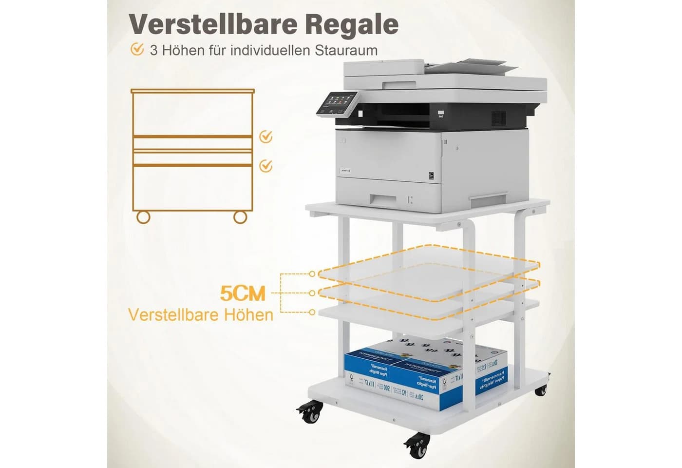 PUNCIA Druckertisch 3 Ebenen Weiß/Braun/Schwarz Rollen höhenverstellbar - Bild 5