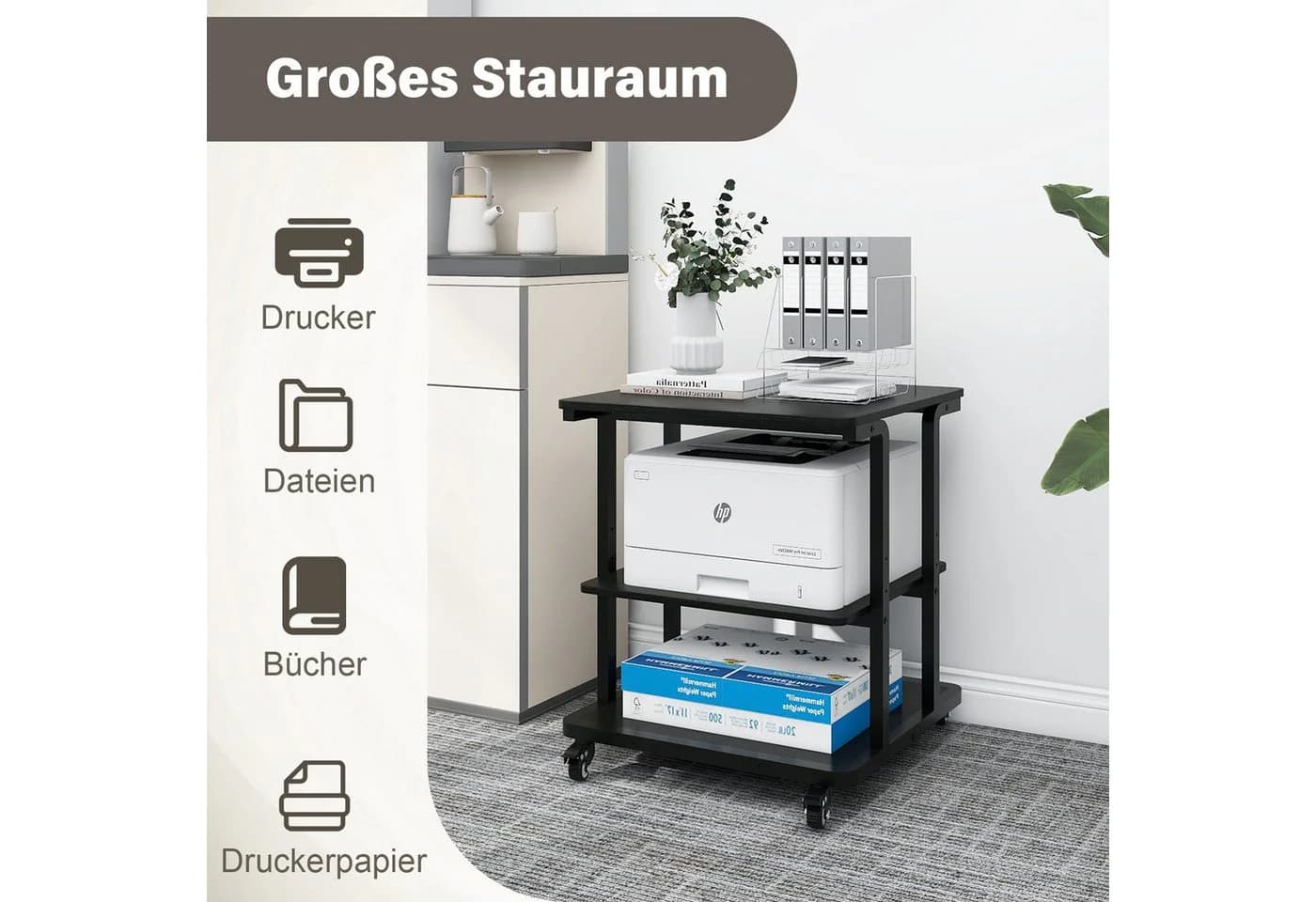 PUNCIA Druckertisch mit Rollen, 3 Ebenen, Schwarz - Bild 5