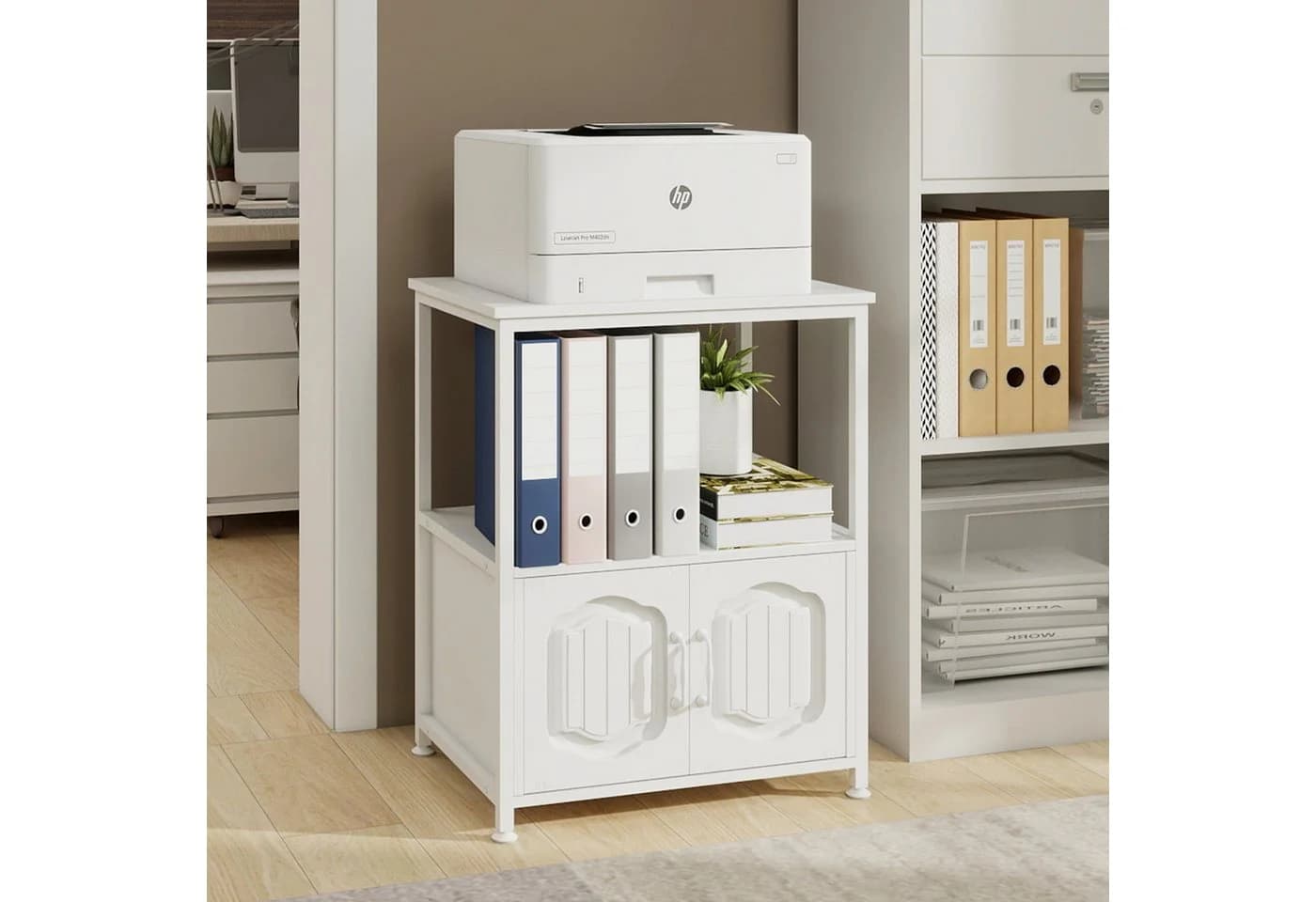 PUNCIA Druckertisch Weiß mit Stauraum & Gravurtüren - Bild 5