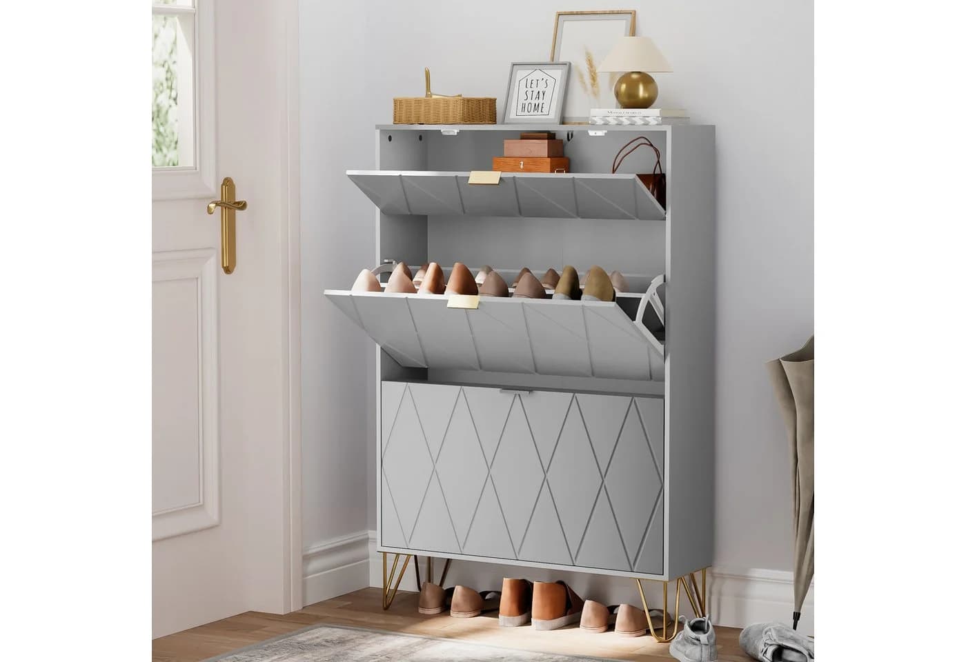 UEV Schuhschrank 2 Klappen Weiß/Schwarz/Dunkelblau 80x24x120 cm - Bild 3