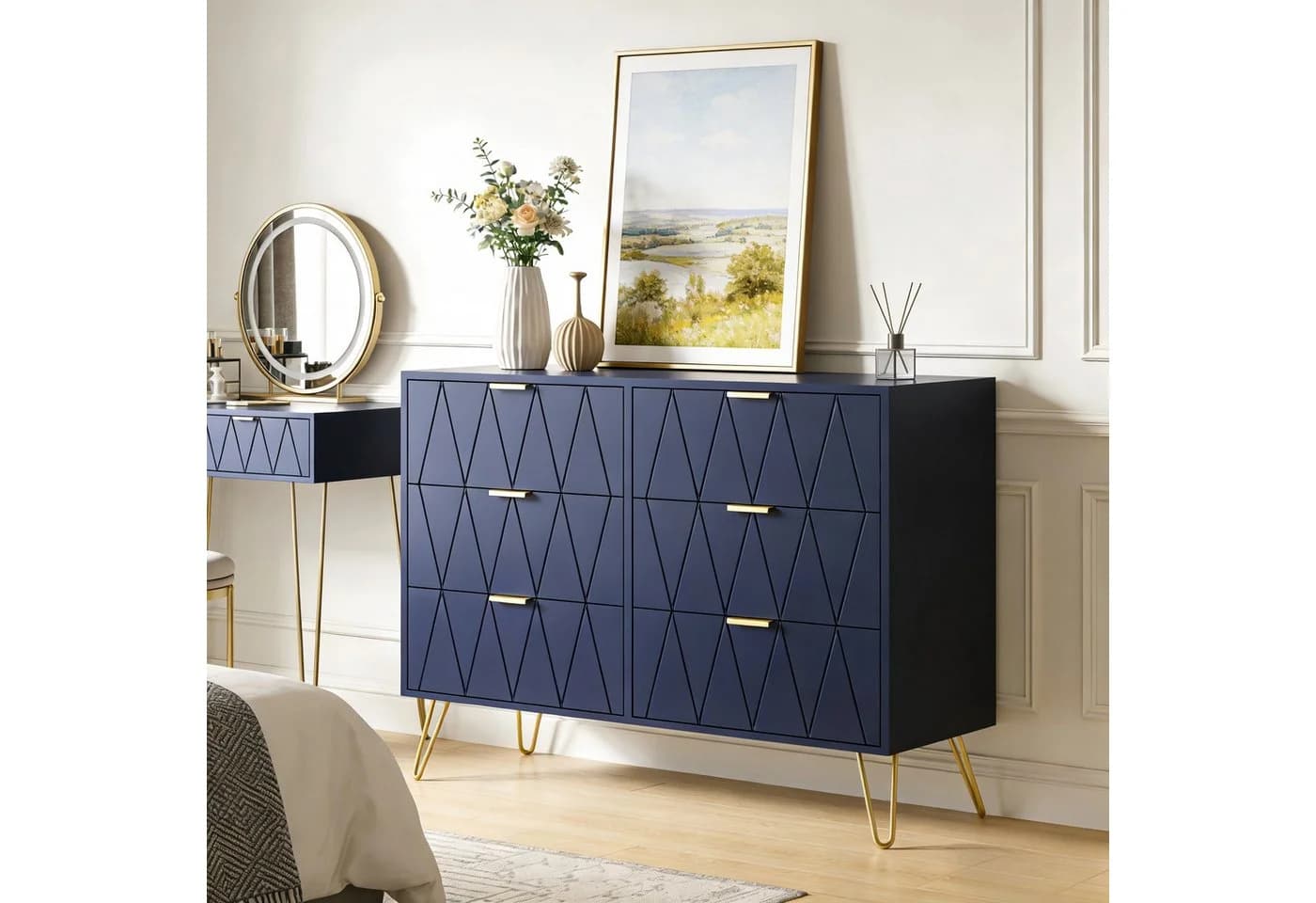 UEV Kommode mit 6 Schubladen, Sideboard für Wohnzimmer Schlafzimmer 100 x 34 x 73 cm Mehrzweckschrank Küchenschrank Buffet TV Board Schrank mit Füße Aufbewahrungsschrank
