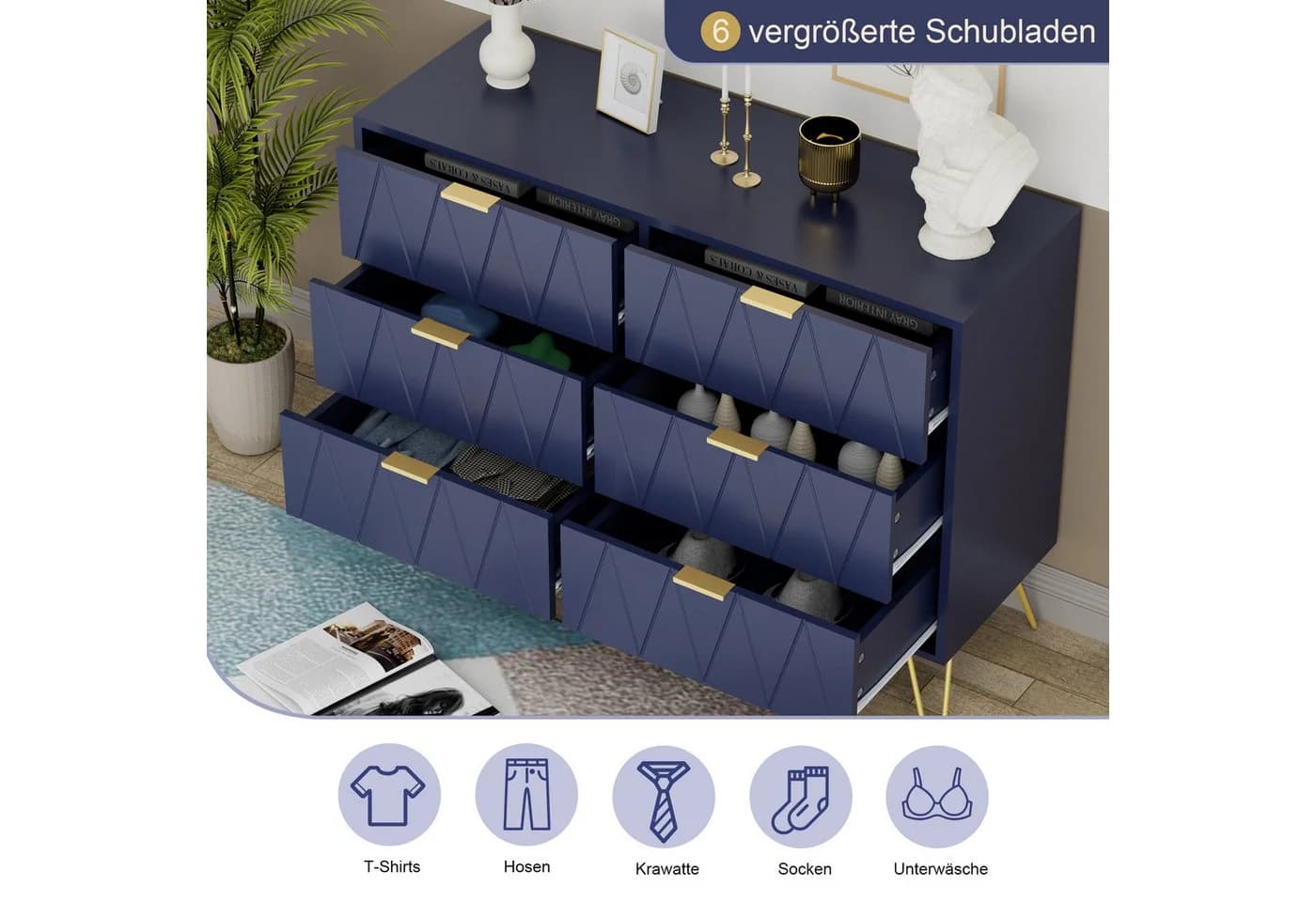 UEV Kommode mit 6 Schubladen, Sideboard für Wohnzimmer Schlafzimmer 100 x 34 x 73 cm Mehrzweckschrank Küchenschrank Buffet TV Board Schrank mit Füße Aufbewahrungsschrank - Bild 4
