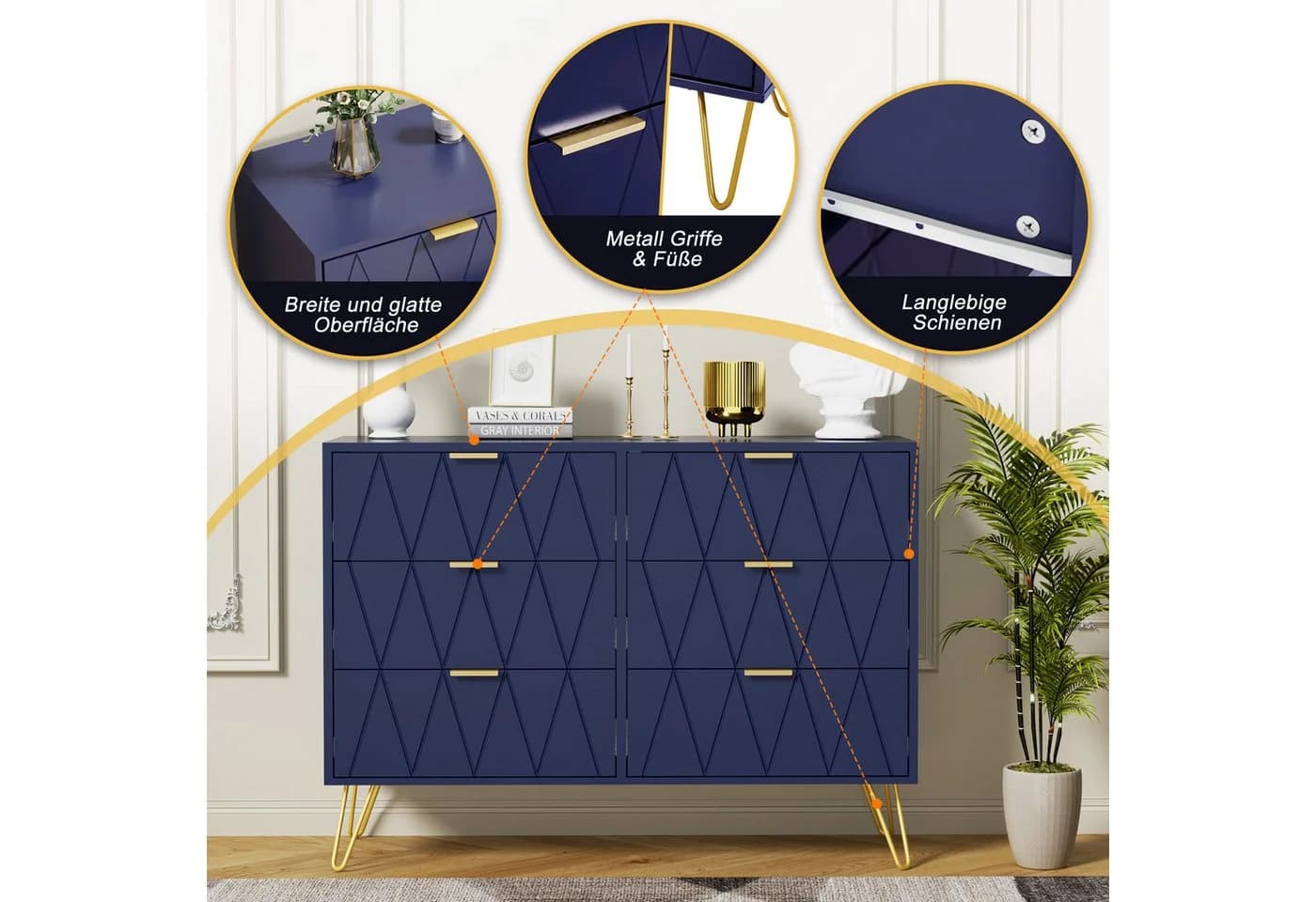 UEV Kommode mit 6 Schubladen, Sideboard für Wohnzimmer Schlafzimmer 100 x 34 x 73 cm Mehrzweckschrank Küchenschrank Buffet TV Board Schrank mit Füße Aufbewahrungsschrank - Bild 5