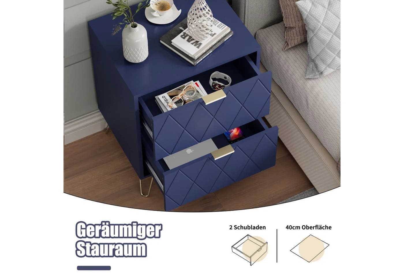 UEV Nachttisch 2er Set Beistelltisch Blau Holz+Metall - Bild 5
