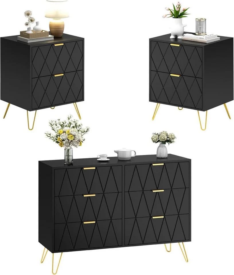 UEV Schlafzimmer-Set 3er-Set Kommode 6 Schubladen Nachttisch Skandinavisch Goldene Griffe - Bild 2