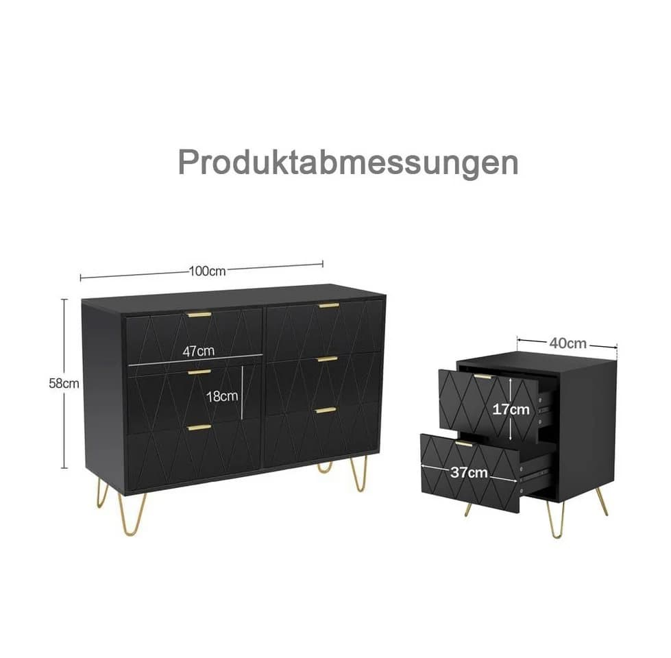 UEV Schlafzimmer-Set 3er-Set Kommode 6 Schubladen Nachttisch Skandinavisch Goldene Griffe - Bild 3