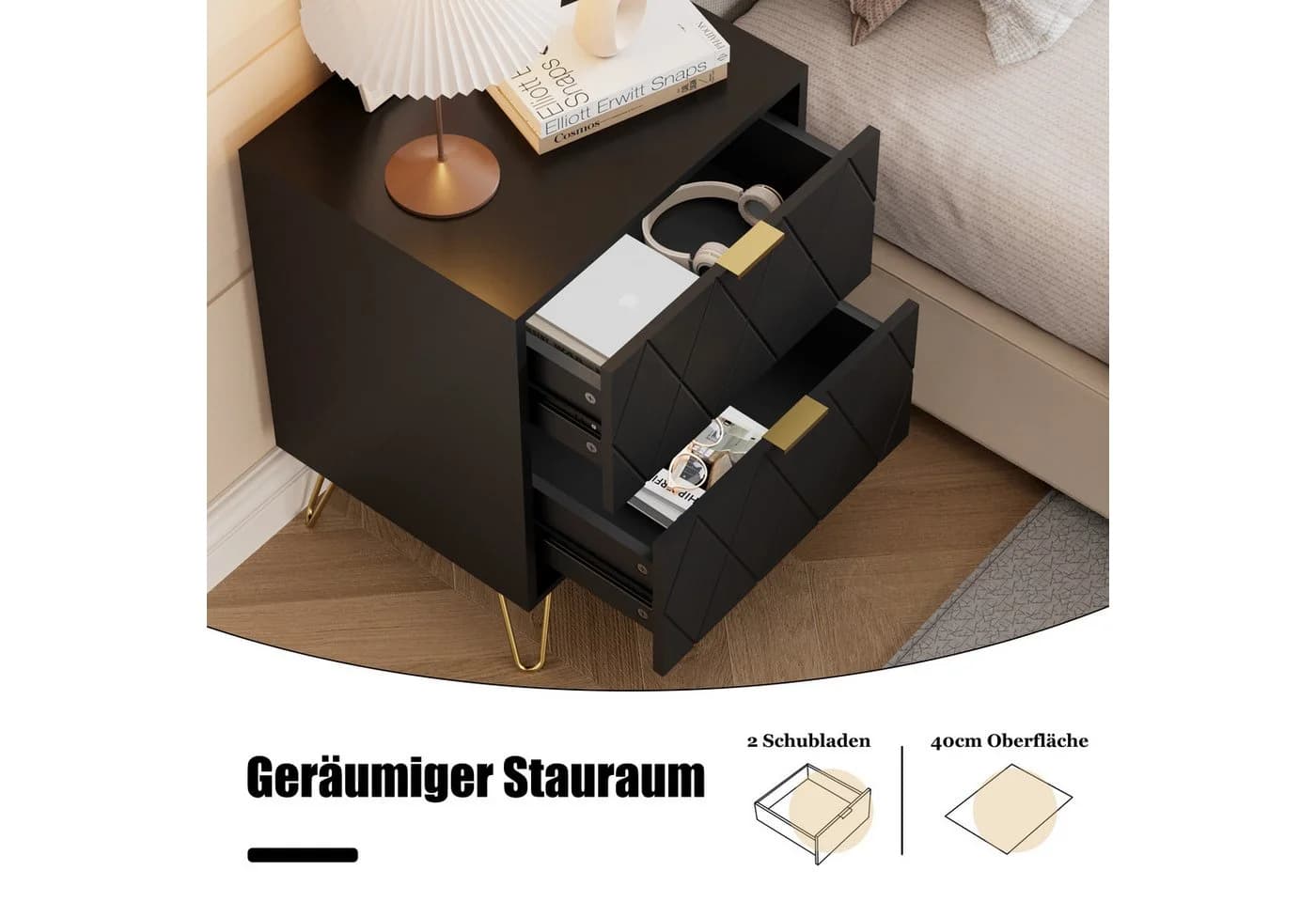 UEV Schlafzimmer-Set 3er-Set Kommode 6 Schubladen Nachttisch Skandinavisch Goldene Griffe - Bild 5