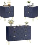 UEV Schlafzimmer-Set 3er-Set Kommode 6 Schubladen Nachttisch Skandinavisch Goldene Griffe Bild 2