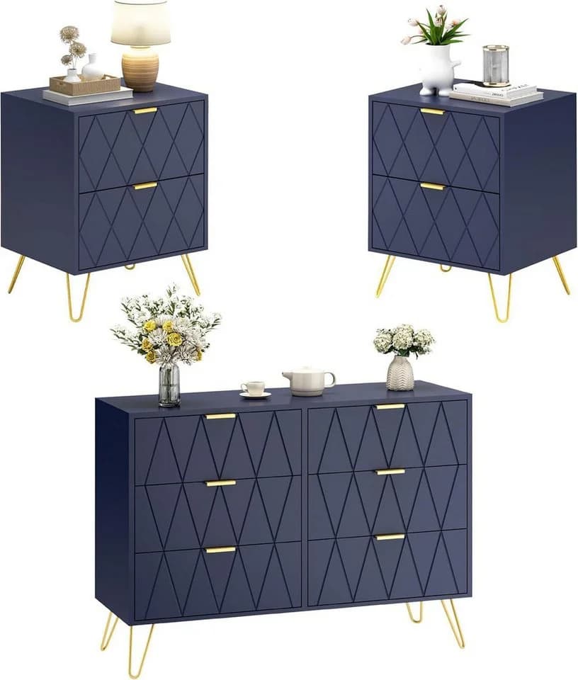 UEV Schlafzimmer-Set 3er-Set Kommode 6 Schubladen Nachttisch Skandinavisch Goldene Griffe - Bild 2