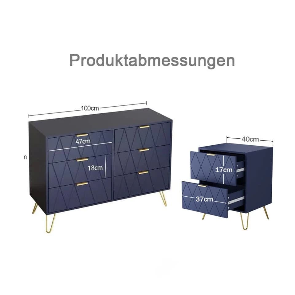 UEV Schlafzimmer-Set 3er-Set Kommode 6 Schubladen Nachttisch Skandinavisch Goldene Griffe - Bild 3