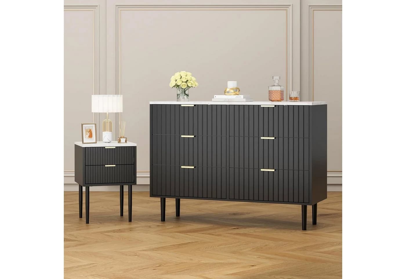 UEV Schlafzimmer-Set 3er-Set Marmoroptik Kommode 6 Schubladen 2 Nachttische