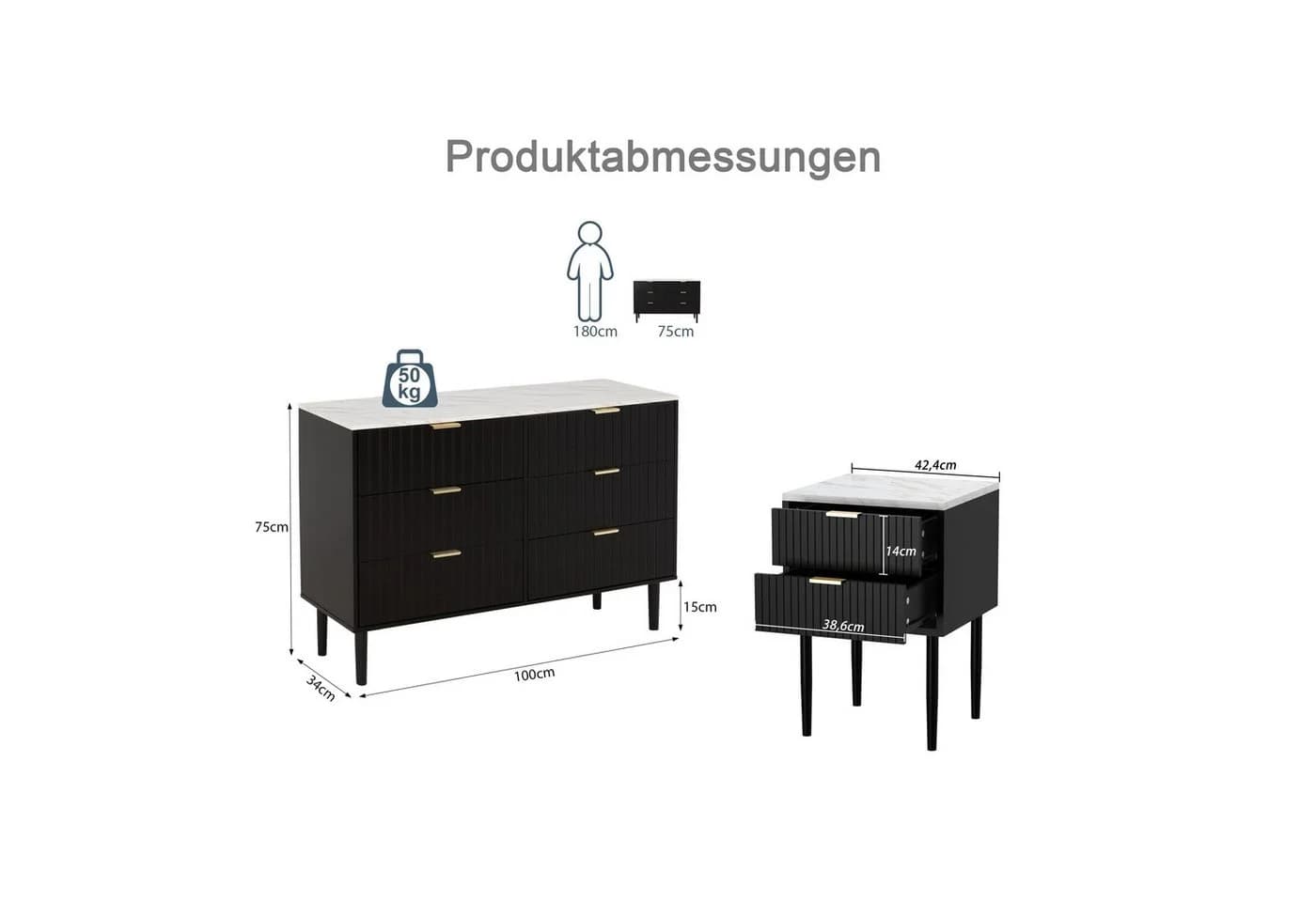 UEV Schlafzimmer-Set 3er-Set Marmoroptik Kommode 6 Schubladen 2 Nachttische - Bild 3