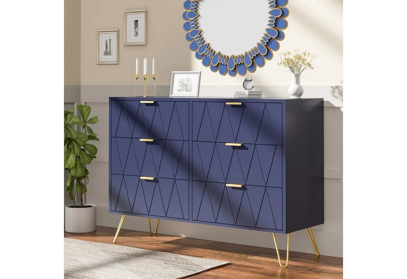 UEV Kommode mit 6 Schubladen, Sideboard für Schlafzimmer Wohnzimmer 100 x 34 x 73 cm Mehrzweckschrank mit gold Fuß, Highboard, Sideboard mit Schubladen, Schmal kommode
