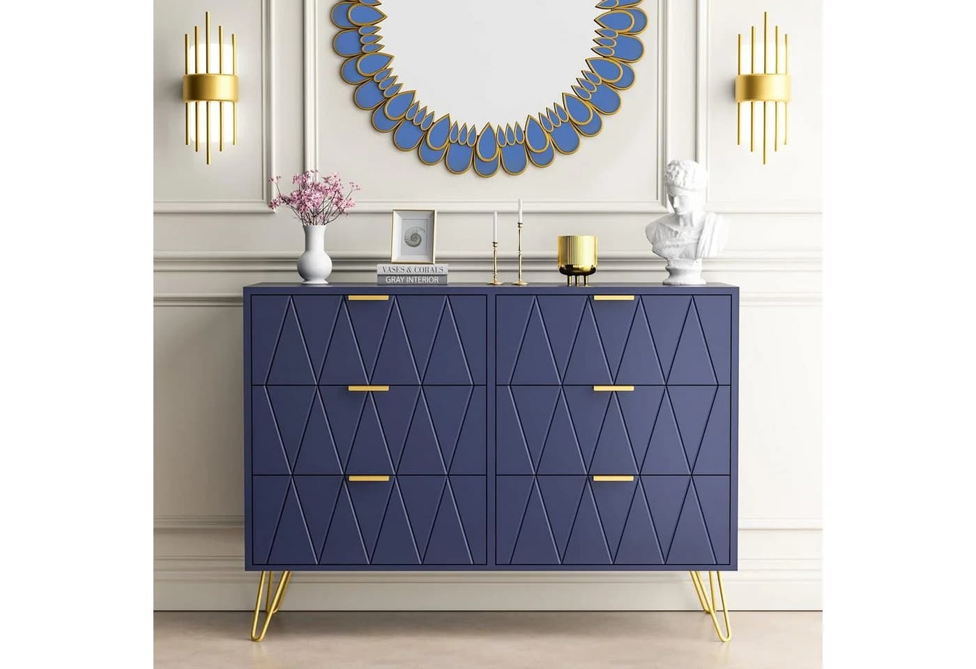UEV Kommode mit 6 Schubladen, Sideboard für Schlafzimmer Wohnzimmer 100 x 34 x 73 cm Mehrzweckschrank mit gold Fuß, Highboard, Sideboard mit Schubladen, Schmal kommode - Bild 3