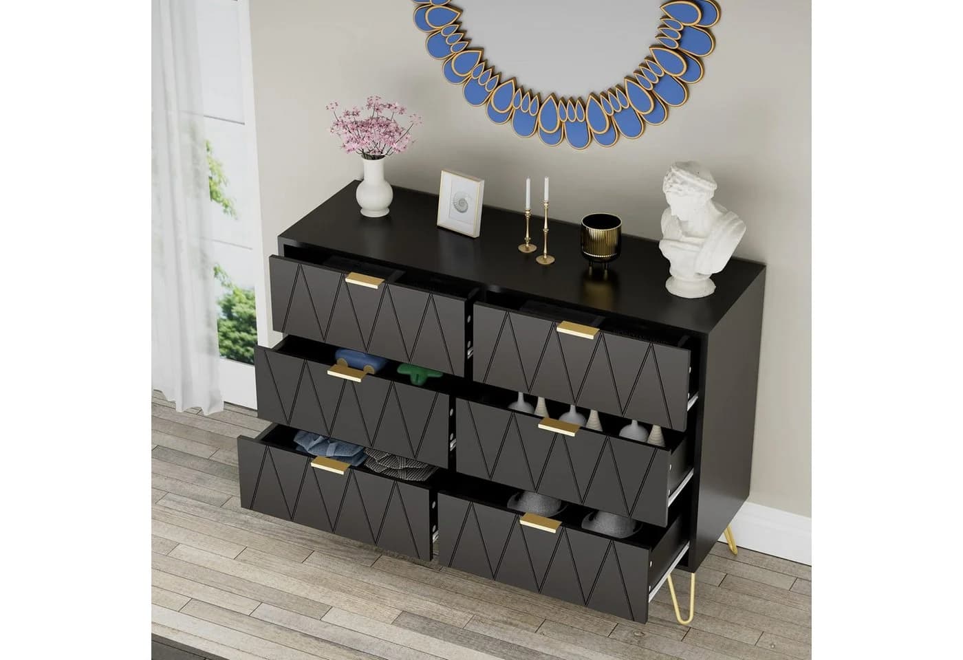 UEV Kommode mit 6 Schubladen, Sideboard für Schlafzimmer Wohnzimmer 100 x 34 x 73 cm Mehrzweckschrank mit gold Fuß - Bild 3