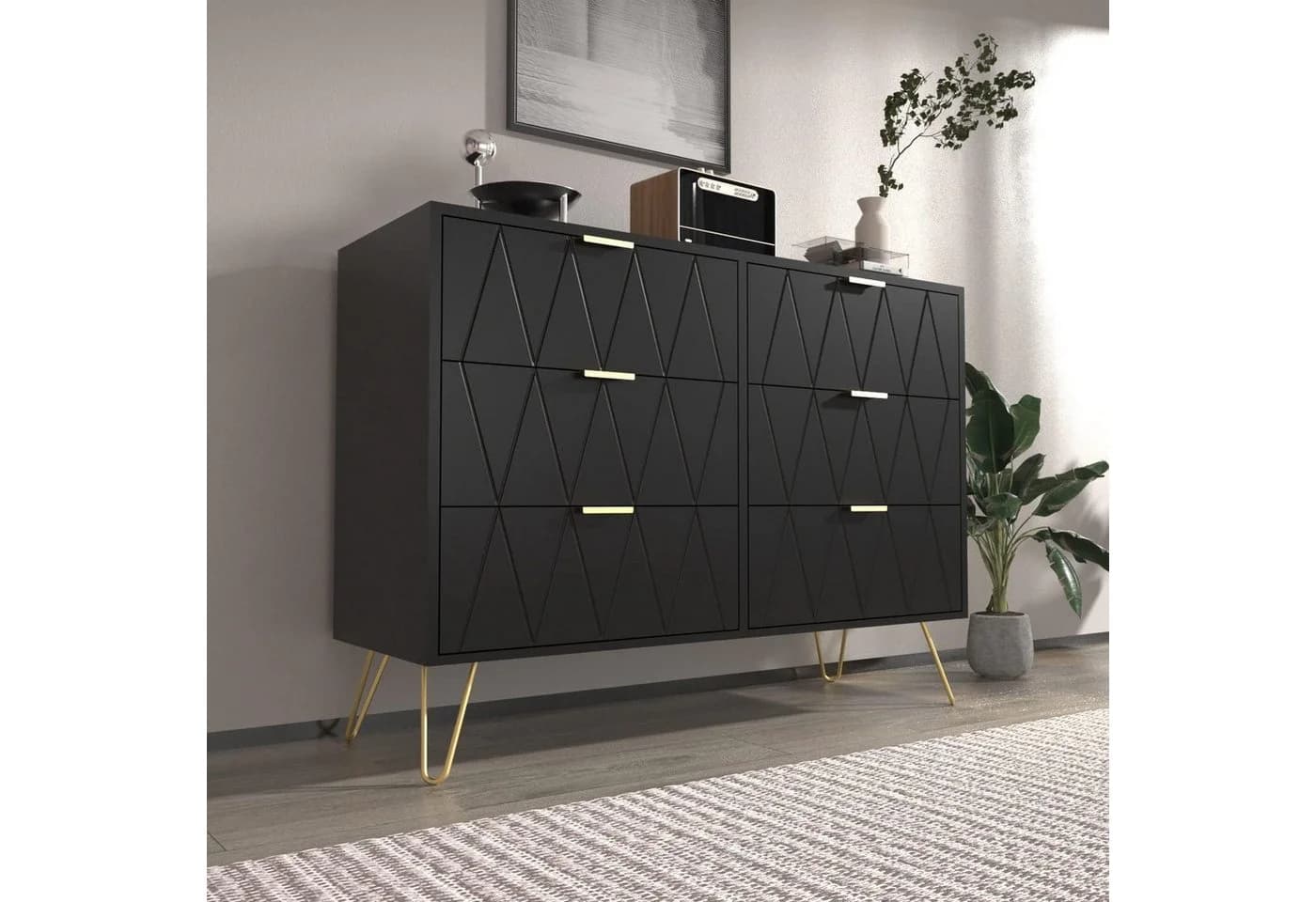 UEV Kommode mit 6 Schubladen, Sideboard für Schlafzimmer Wohnzimmer 100 x 34 x 73 cm Mehrzweckschrank mit gold Fuß - Bild 4