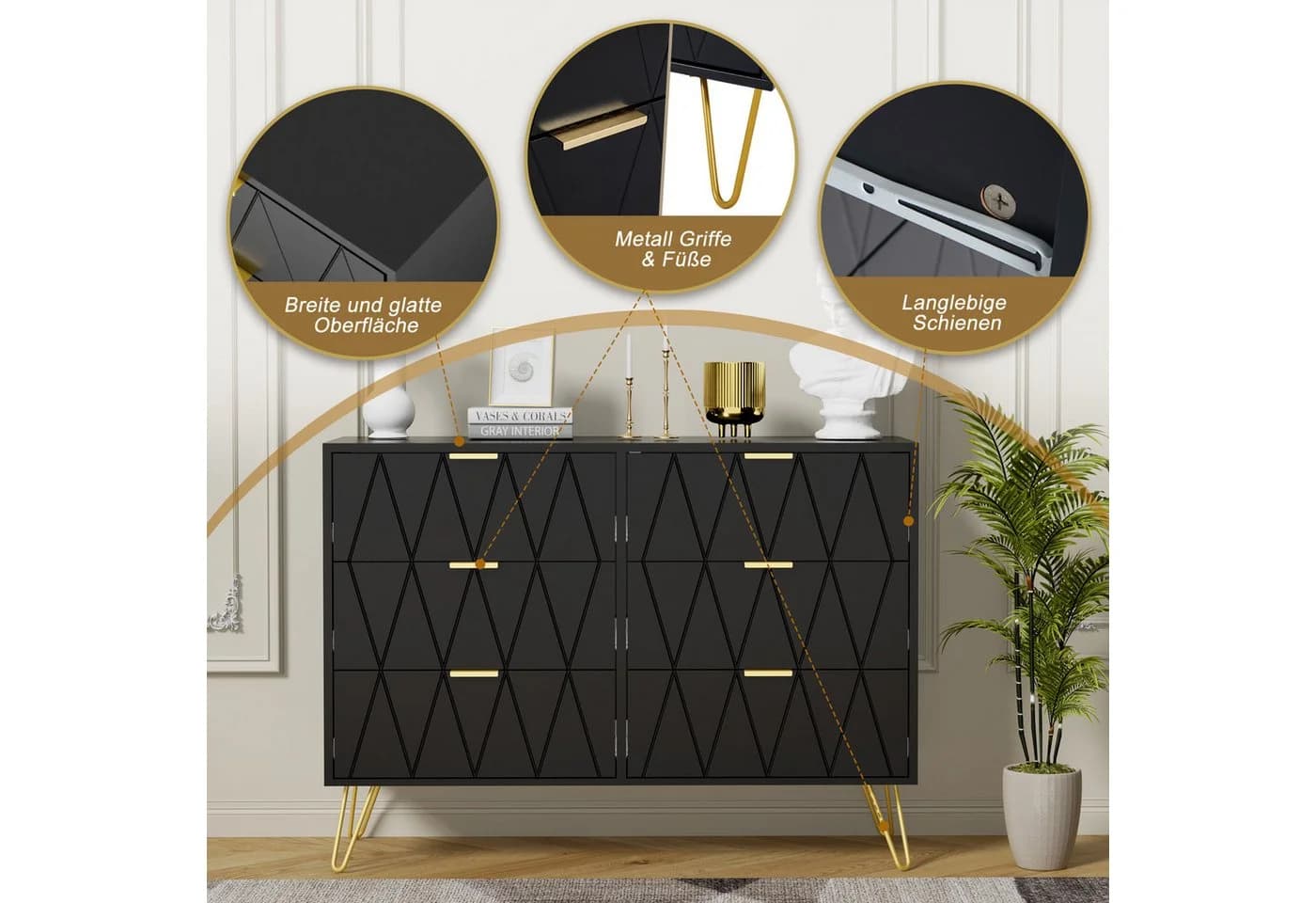 UEV Kommode mit 6 Schubladen, Sideboard für Schlafzimmer Wohnzimmer 100 x 34 x 73 cm Mehrzweckschrank mit gold Fuß - Bild 5